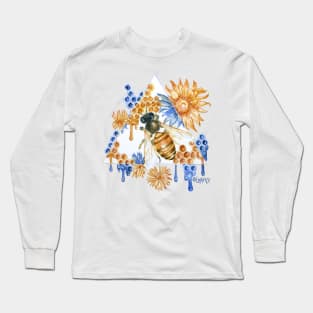 Geometric Gold and Blue Honeybee Long Sleeve T-Shirt